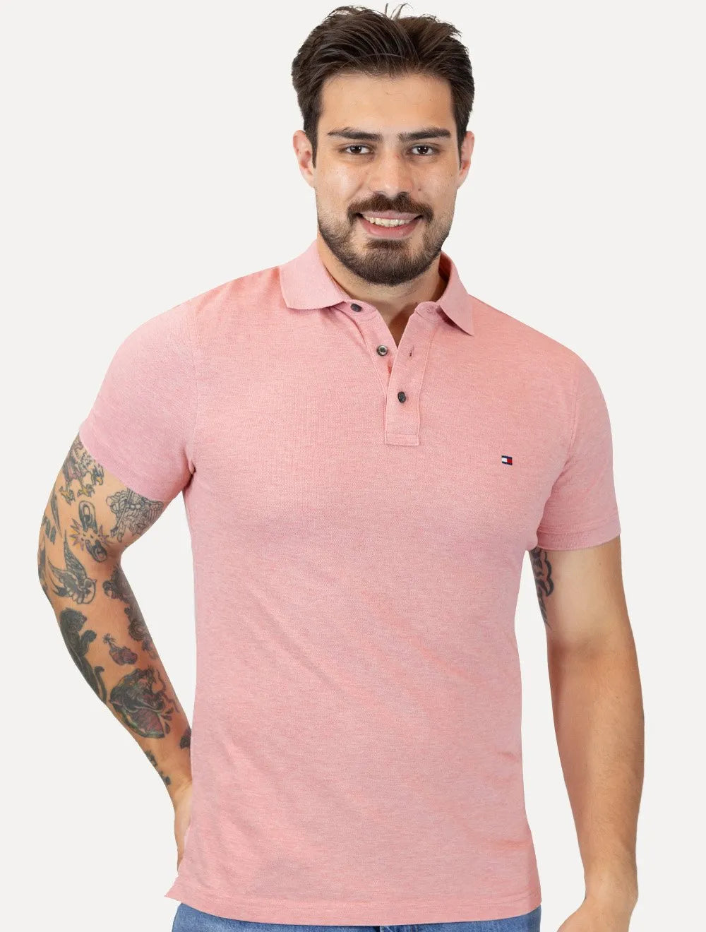 Polo Tommy Hilfiger Masculina Slim Piquet 1985 Rosa Claro Mescla