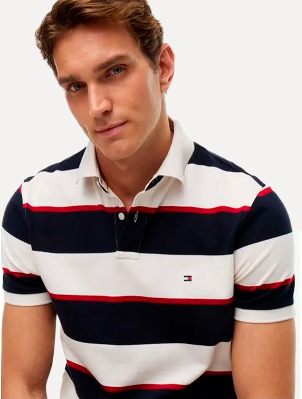 Polo Tommy Hilfiger Masculina Regular Piquet 1985 Striped Cáqui Claro/Marinho