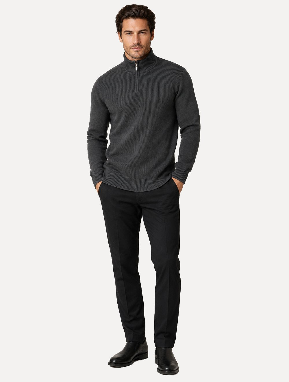 Suéter Dixen Masculino Tricot Straights Half-Zip Gola Alta Cinza Chumbo
