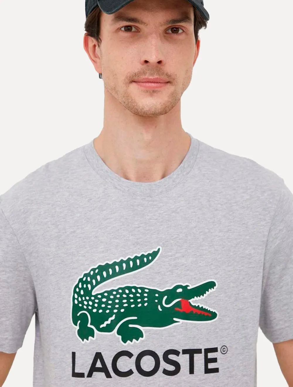 Camiseta Lacoste Masculina Jersey Croco Signature Logo Cinza Mescla