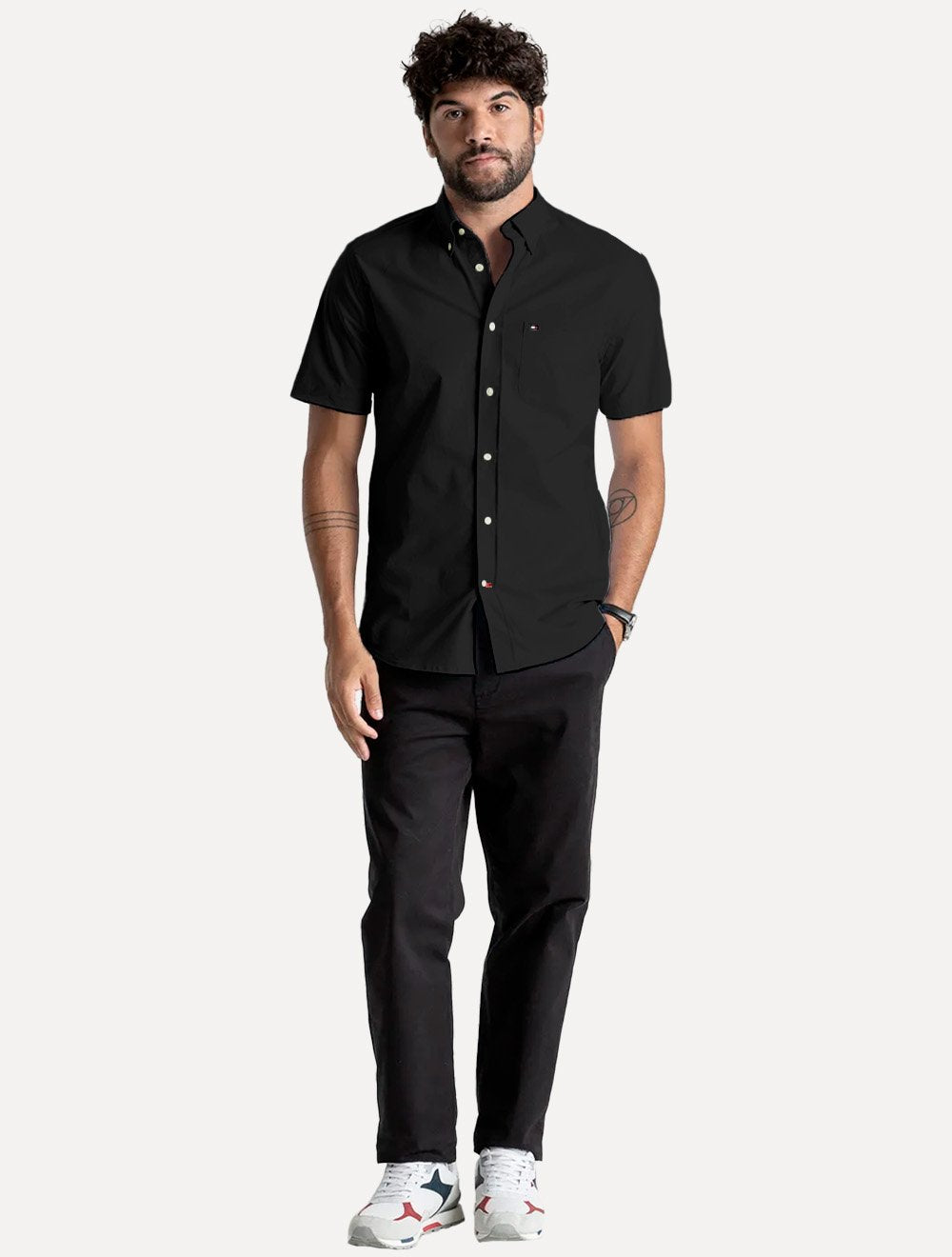 Camisa Tommy Hilfiger Masculina Manga Curta Regular Pocket Poplin Preta