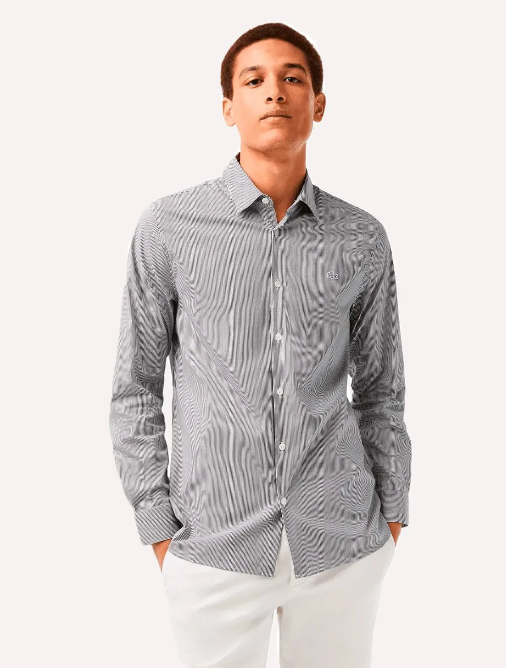 Camisa Lacoste Masculina Slim Fit Popeline Stretch Striped Preta