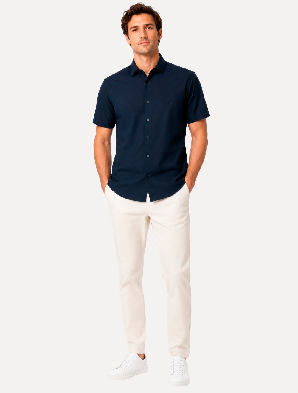 Camisa Dudalina Masculina Manga Curta Slim Superfine Cotton Tricoline Lisa Azul Marinho
