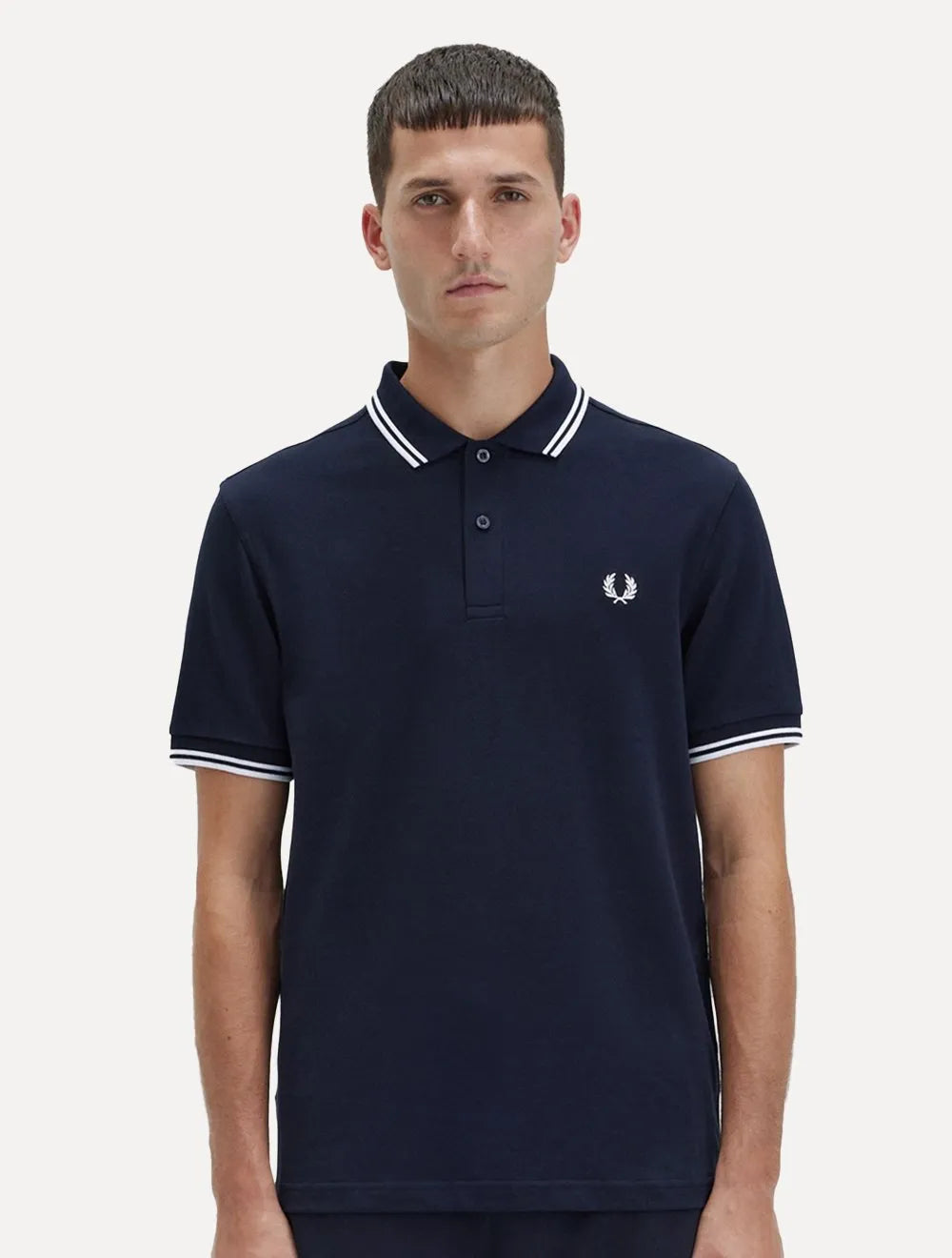 Polo Fred Perry Masculina Piquet Regular White Twin Tipped Azul Marinho