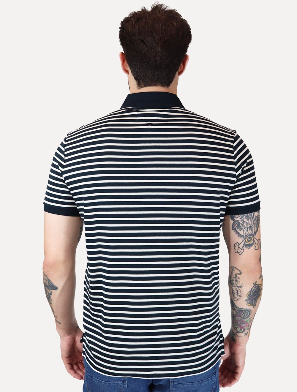 Polo Tommy Hilfiger Masculina Malha Liquid Cotton Regular Fit Listrada Azul Marinho Off White