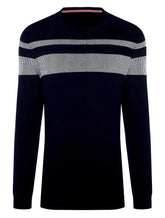 Suéter Dudalina Masculino Tricot Crewneck Listras Azul Marinho