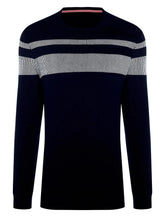 Suéter Dudalina Masculino Tricot Crewneck Listras Azul Marinho