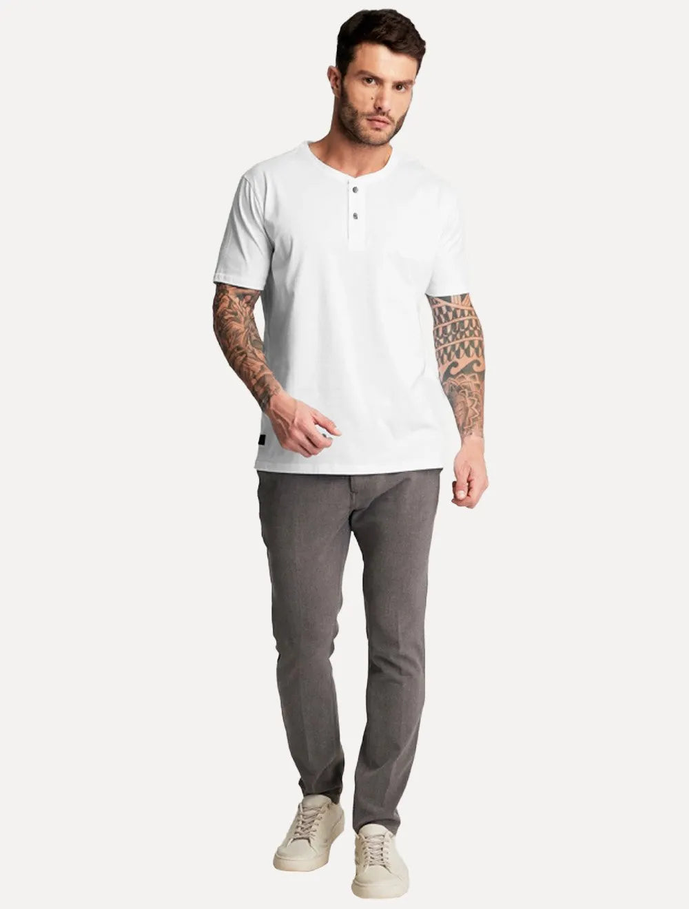 Camiseta King & Joe Masculina Botão Pima Touch Henley Branca