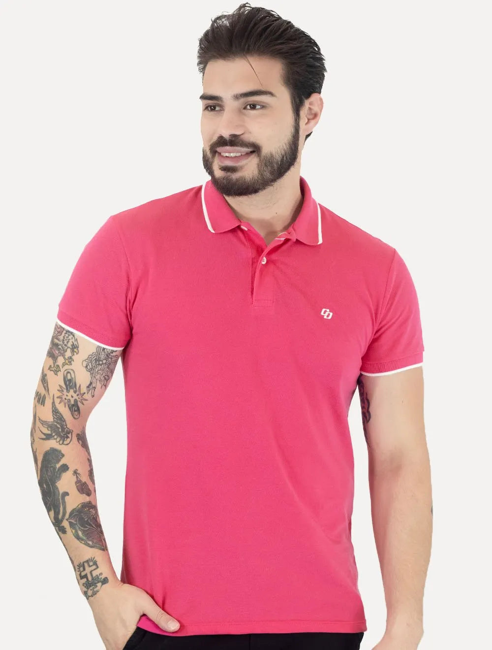 Polo Colcci Masculina Piquet Friso Logo Bordado Rosa
