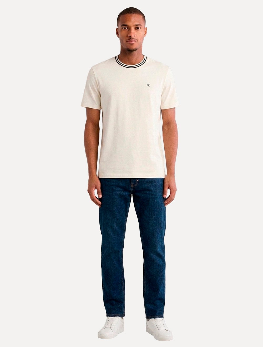 Camiseta Calvin Klein Masculina Cotton Friso Gola CK Logo Bordado Off White