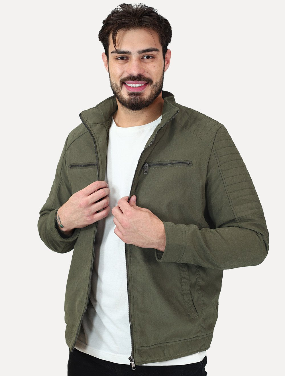 Jaqueta Dixen Masculina Sarja Forrada Zíper Frontal Pesponto nas Mangas Verde Militar