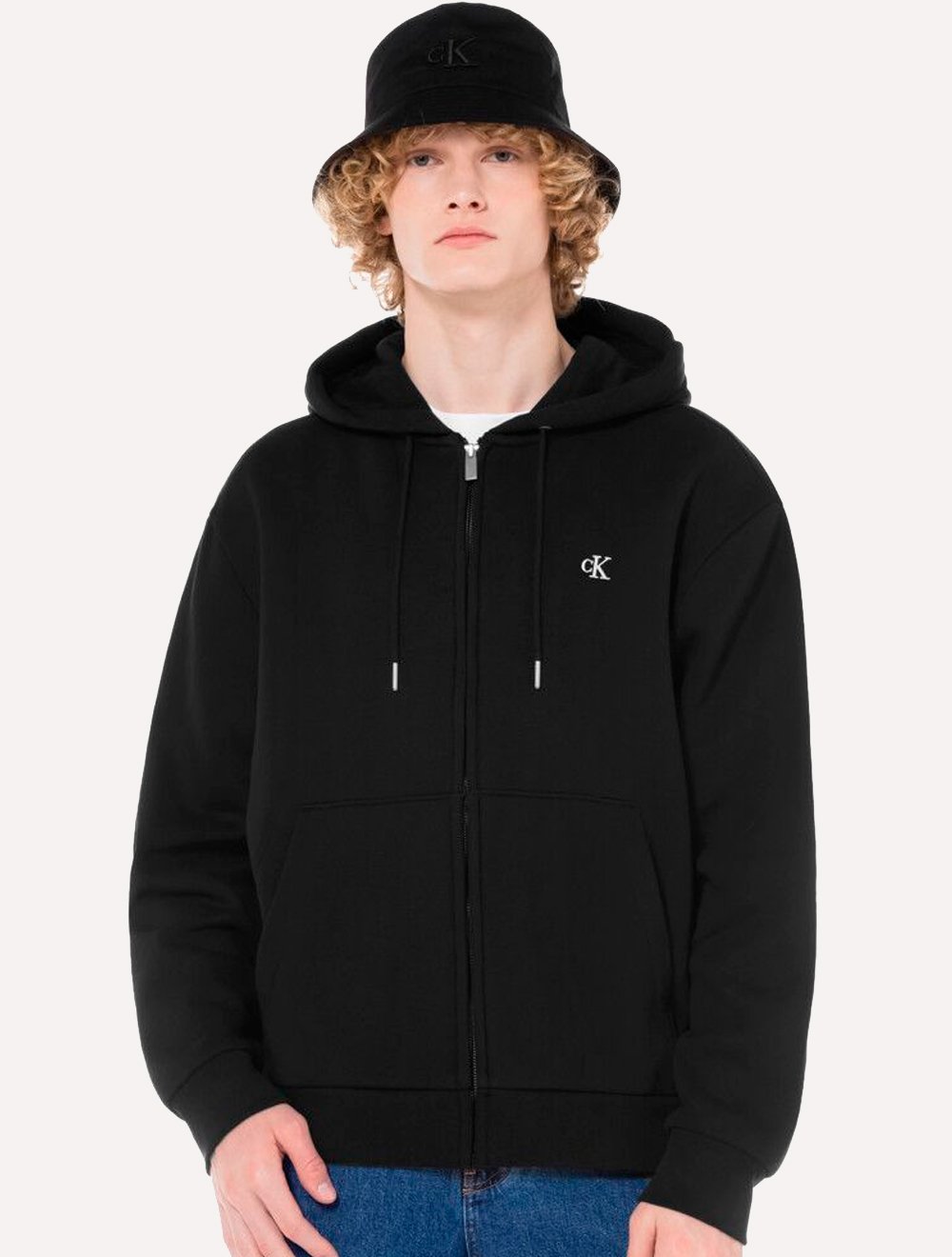Moletom Calvin Klein Masculino Hoodie Fleece Full-Zip CK Logo Preto