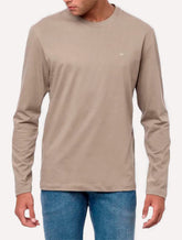 Camiseta Calvin Klein Masculina Manga Longa Meia Malha CK Cáqui Claro