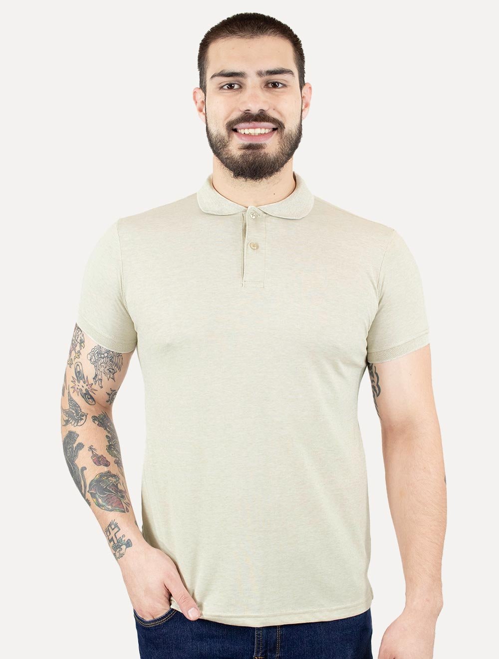 Polo Dixen Masculina Piquet Gola Lisa Cáqui Mescla Claro