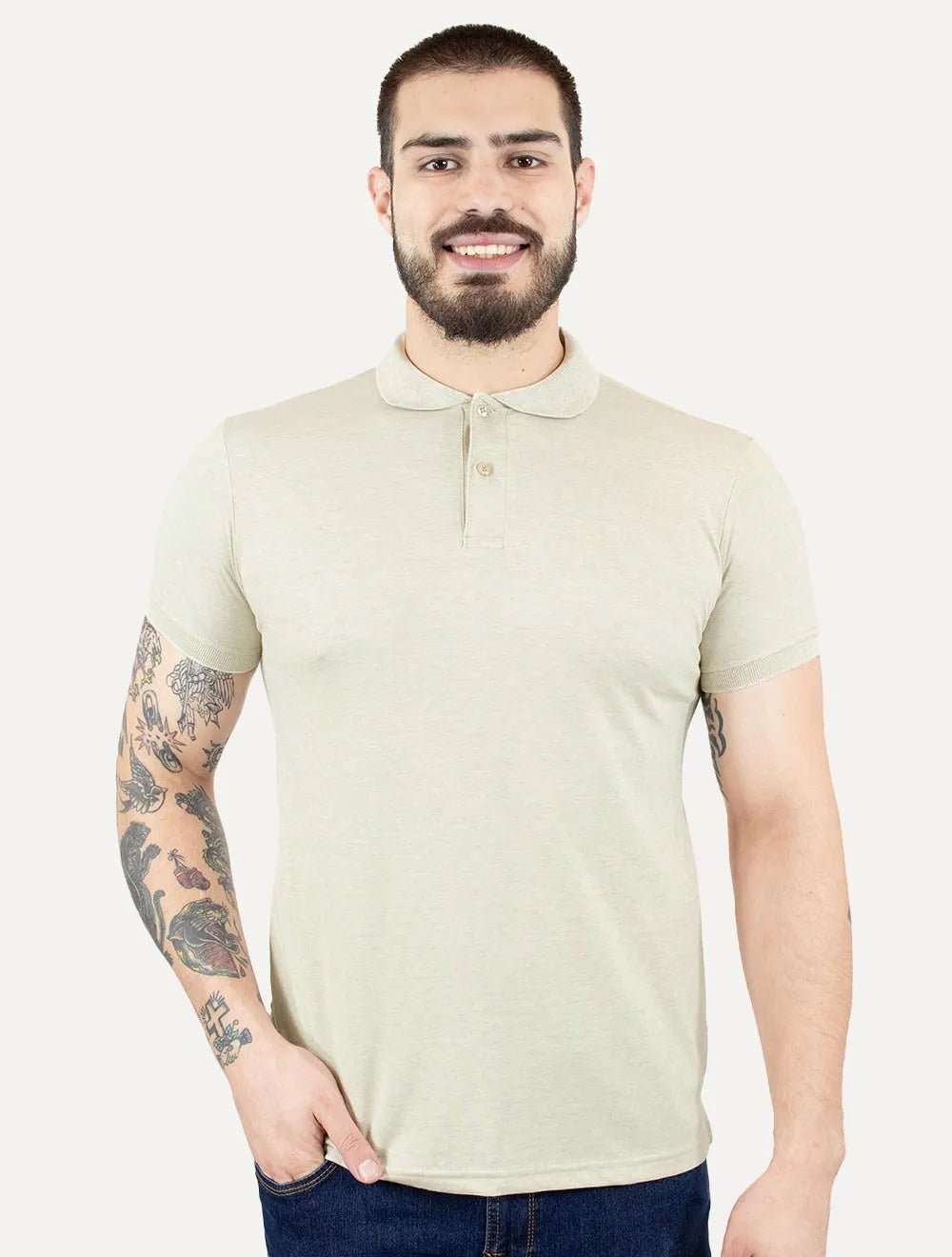 Polo Dixen Masculina Piquet Gola Lisa Cáqui Mescla Claro