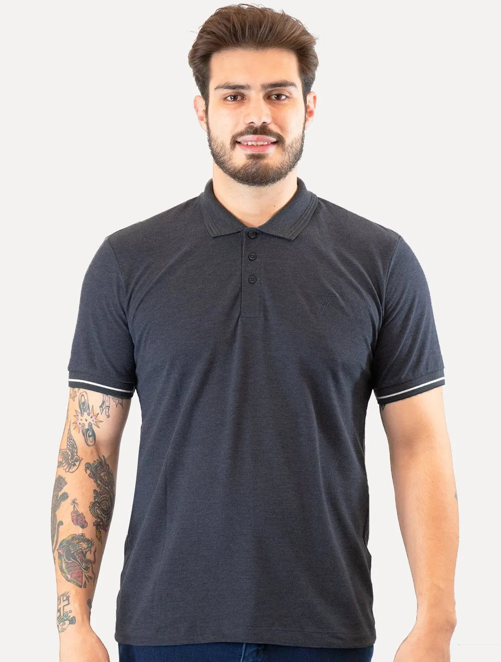 Polo Guess Masculina Piquet Frisos Triangulo Bordado Marinho Mescla