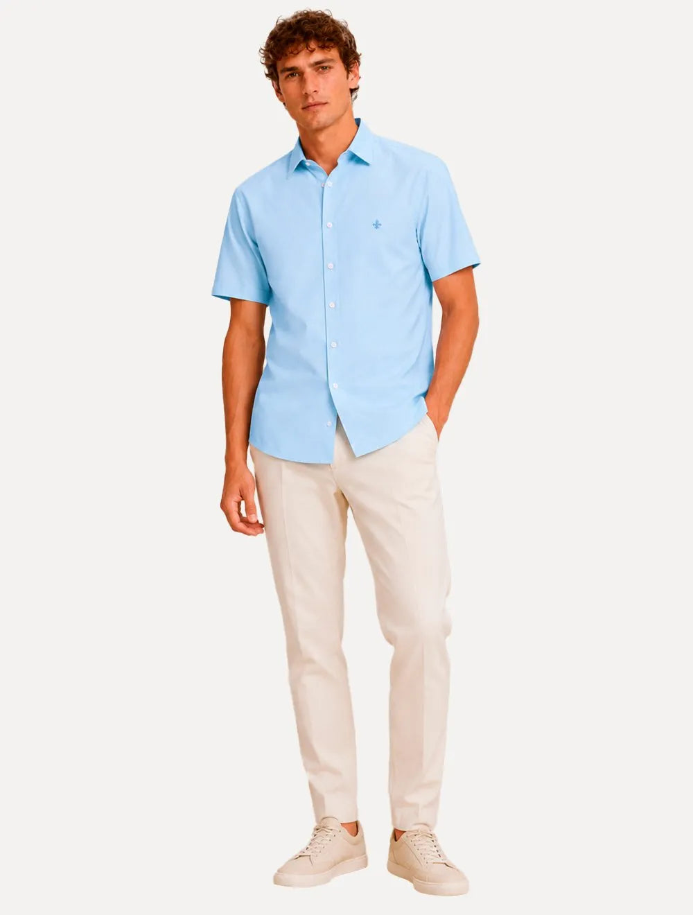 Camisa Dudalina Masculina Manga Curta Slim Superfine Cotton Tricoline Lisa Azul Claro