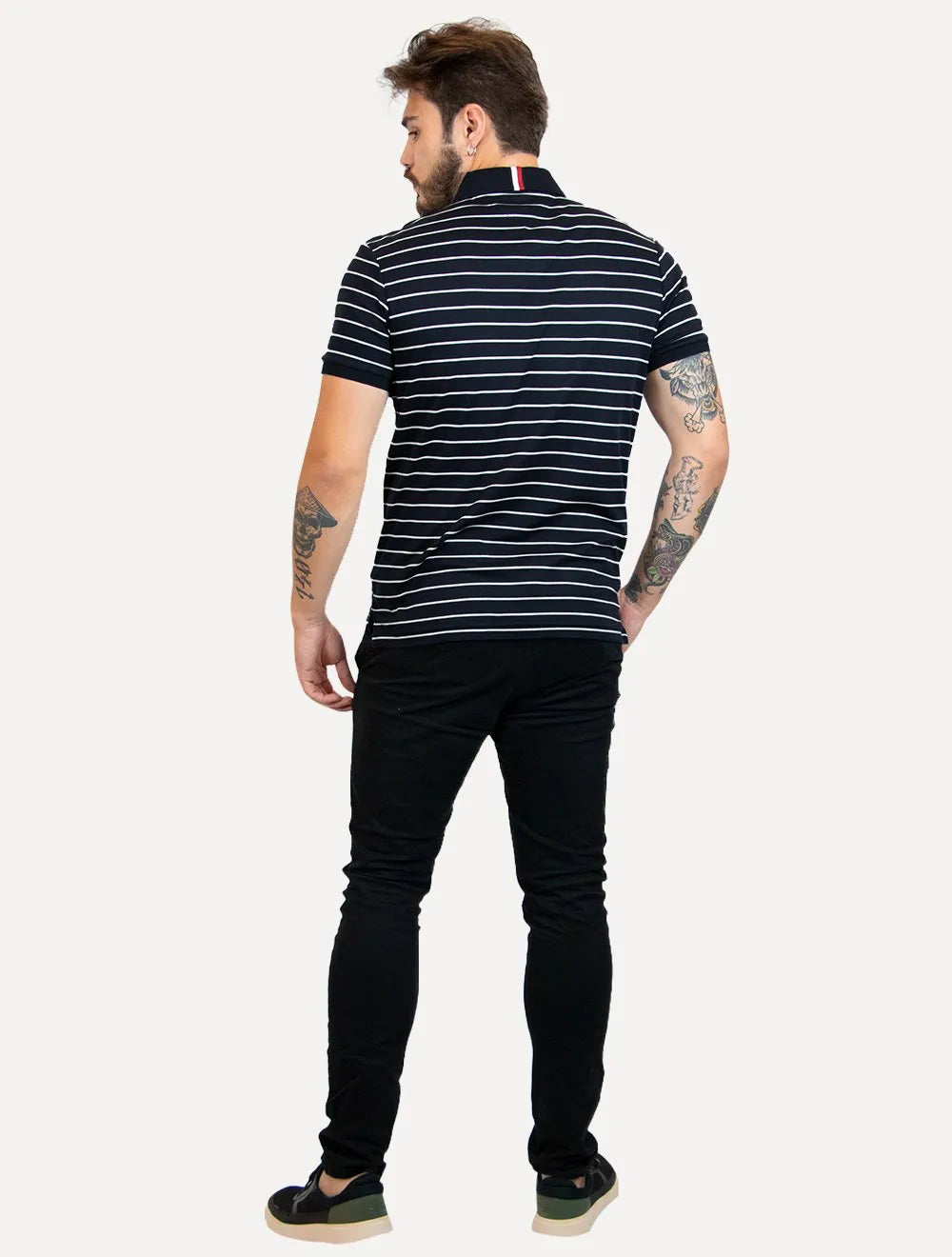 Polo Tommy Hilfiger Masculina Malha Liquid Cotton Striped Azul Marinho
