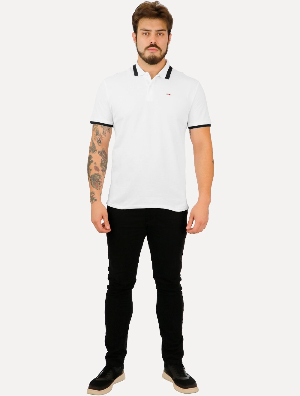 Polo Tommy Jeans Masculina Piquet Regular Placket Friso Branca
