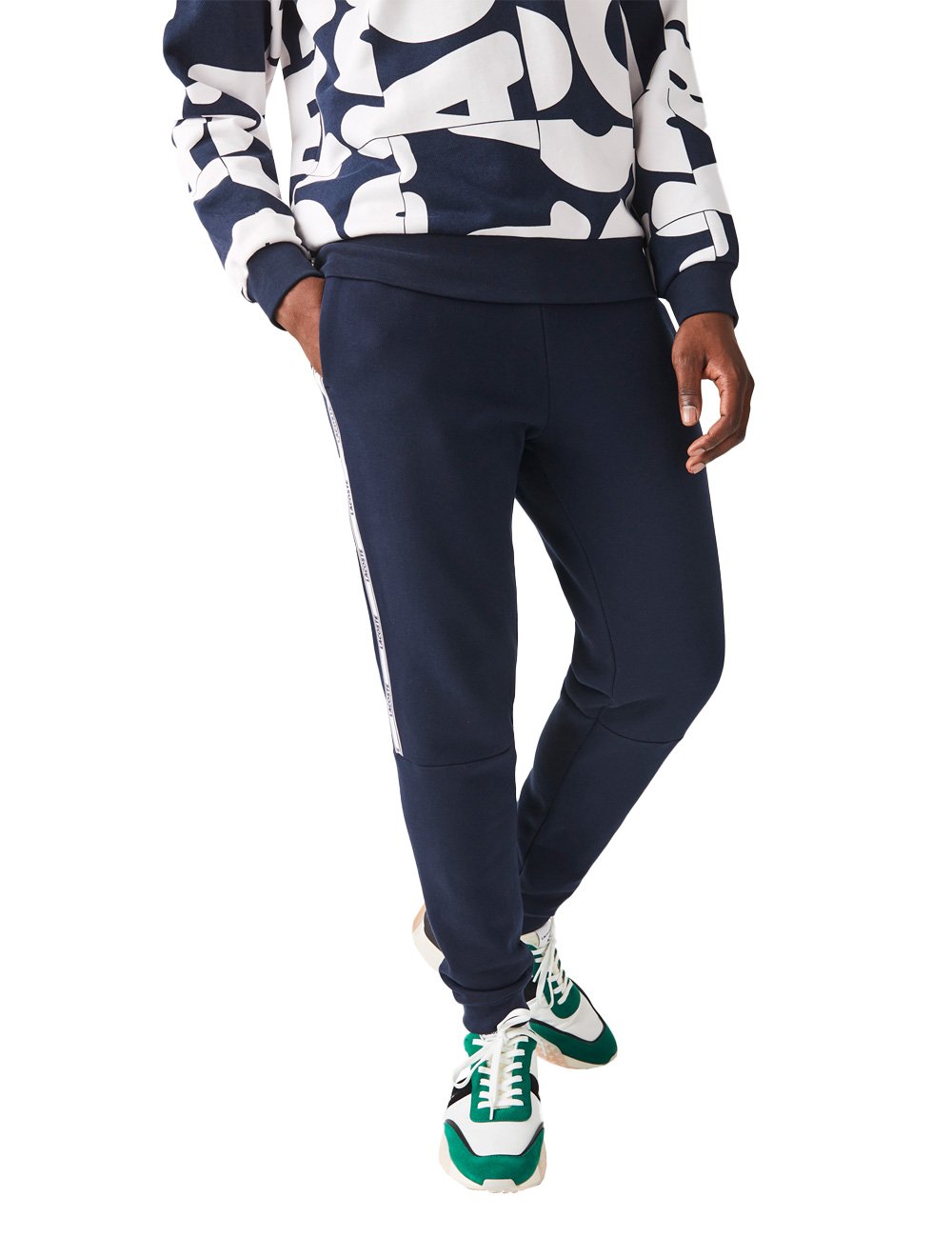 Calça Lacoste Moletom Masculina Side Sash Brand Recorte Azul Marinho