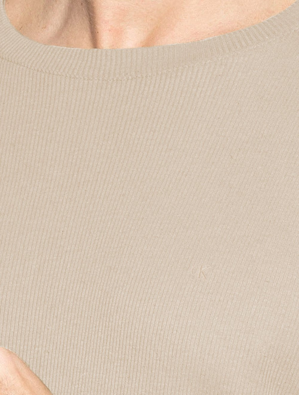 Camiseta Calvin Klein Jeans Masculina Manga Longa Ribana Gola Cáqui Claro