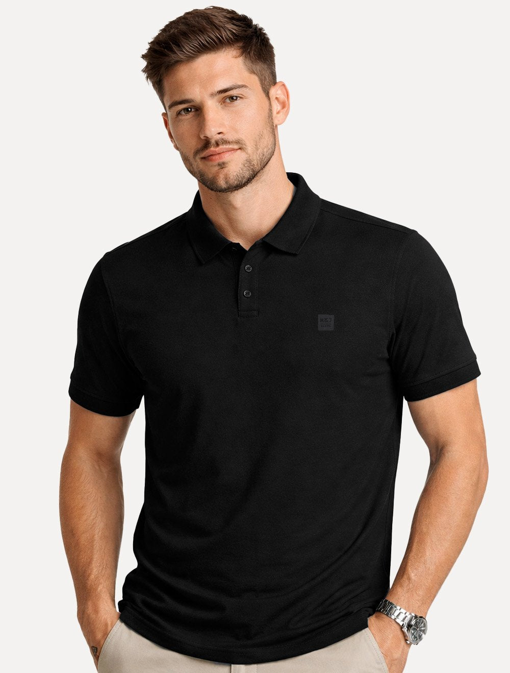 Polo K&J Black Masculina Premium Flex Slim Preta