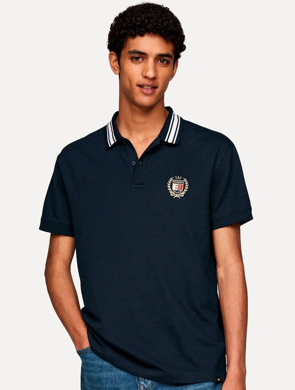 Polo Tommy Jeans Masculina Regular Piquet Varsity Logo Azul Marinho
