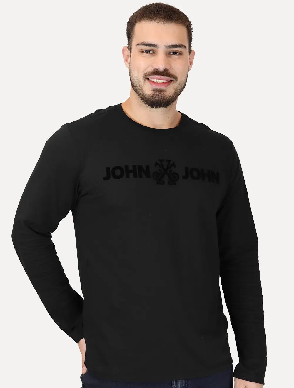 Camiseta John John Masculina Manga Longa Floco JJ Logo Preta