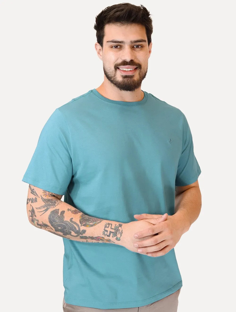Camiseta Dudalina Masculina Essentials Modal Logo Azul Turquesa