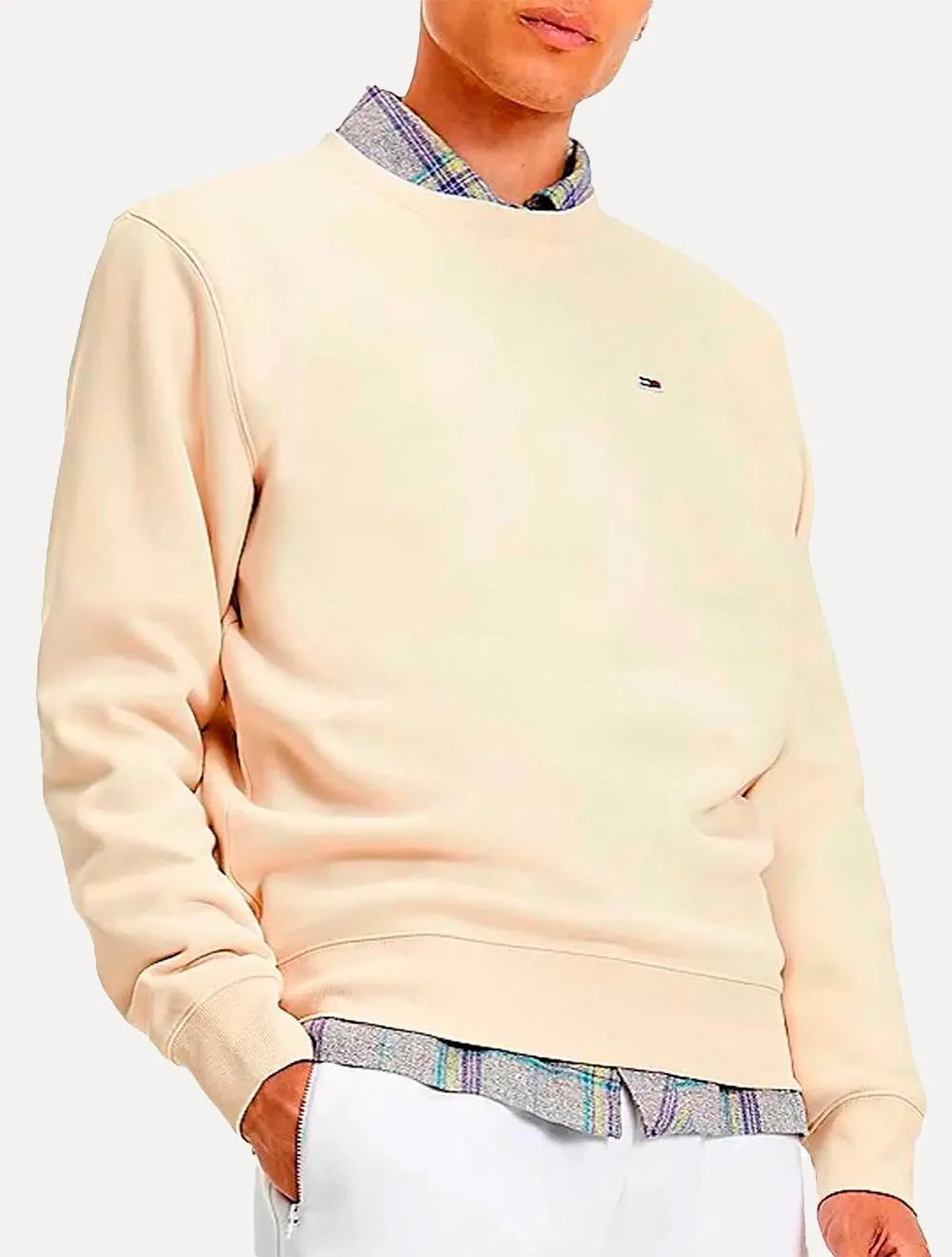 Moletom Tommy Jeans Masculino Fleece Flag Crewneck Areia