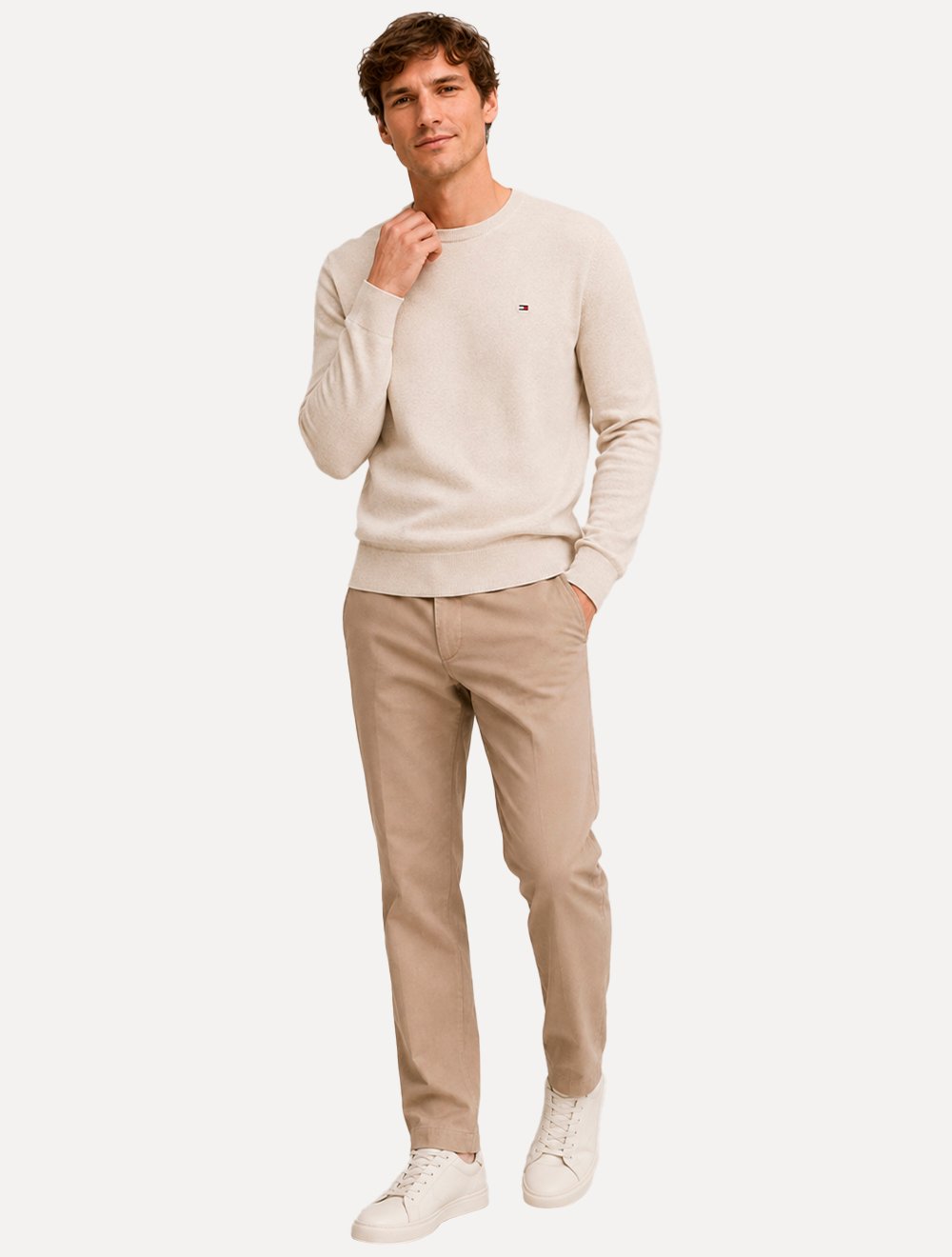 Suéter Tommy Hilfiger Masculino Crewneck Essential Cotton Areia Claro