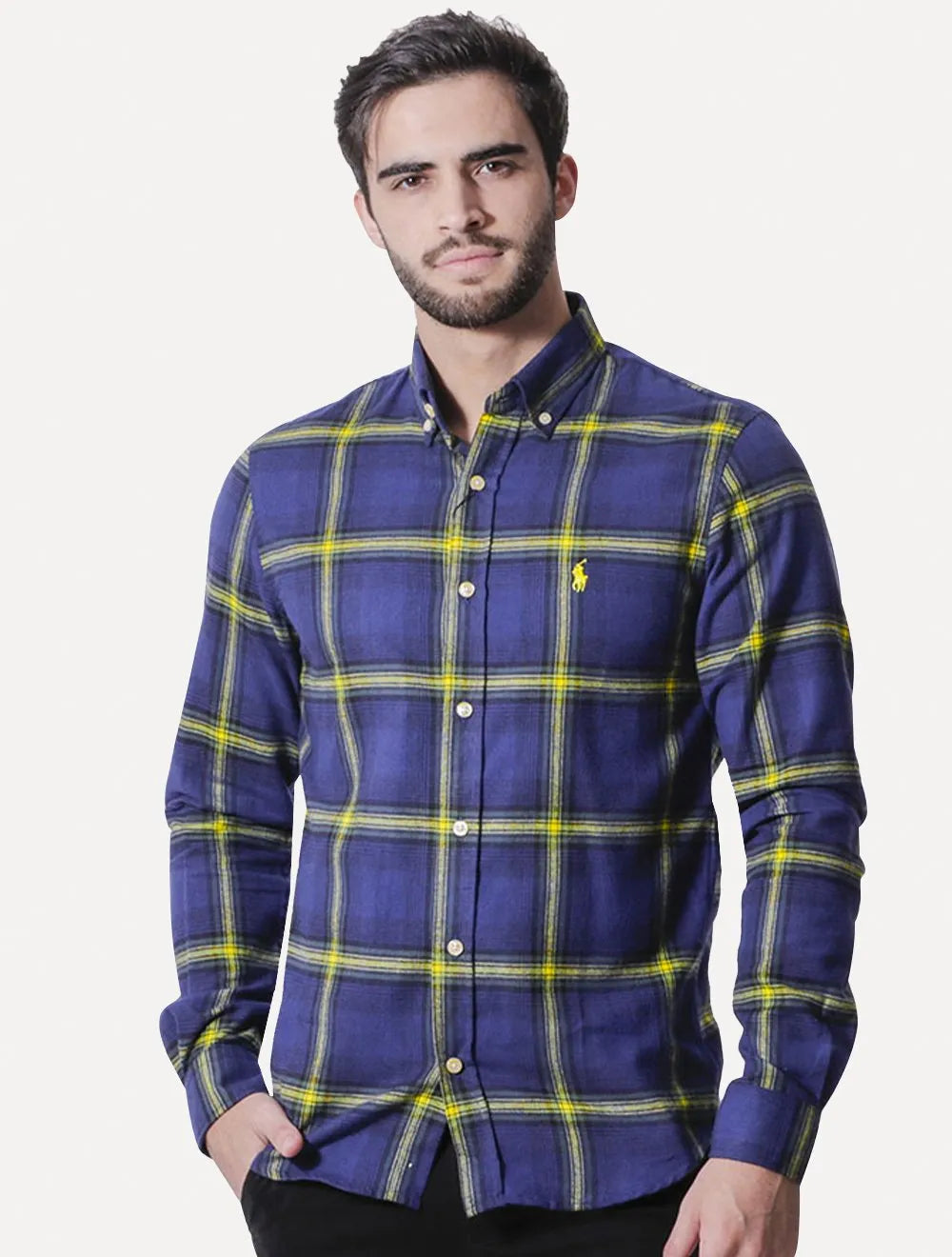 Camisa Ralph Lauren Masculina Custom Flannel Xadrez Banff Azul Marinho