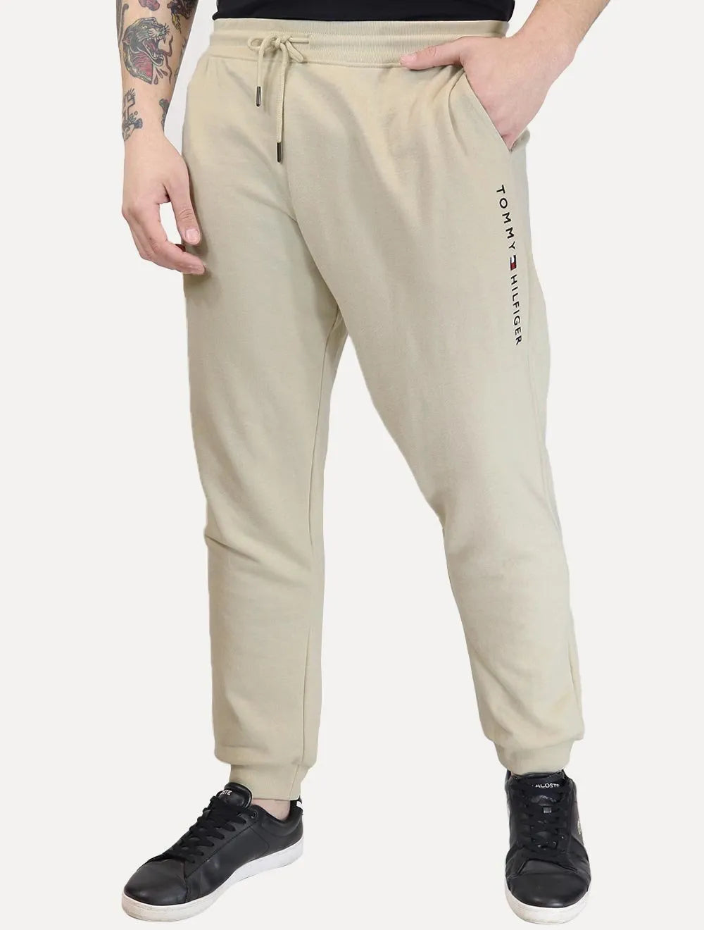 Calça Tommy Hilfiger Masculina Moletom Track Drawstring Vertical Logo Creme