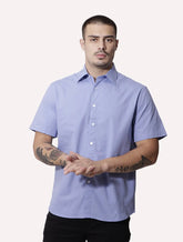 Camisa Ellus Masculina Regular Manga Curta Tricoline LY Stretch Jemez Listrada Azul