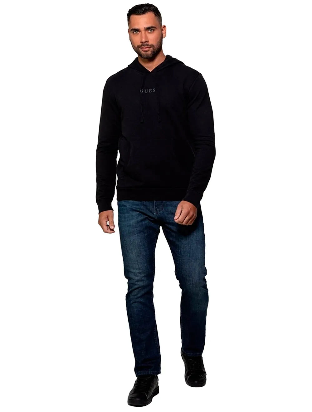 Moletom Guess Masculino Hoodie Small Logo Silk Preto