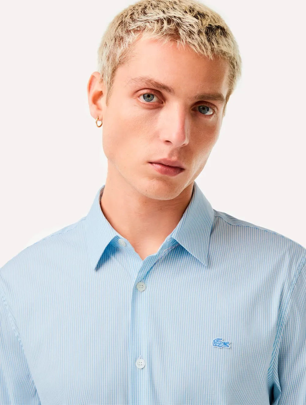 Camisa Lacoste Masculina Slim Fit Popeline Stretch Striped Azul Claro