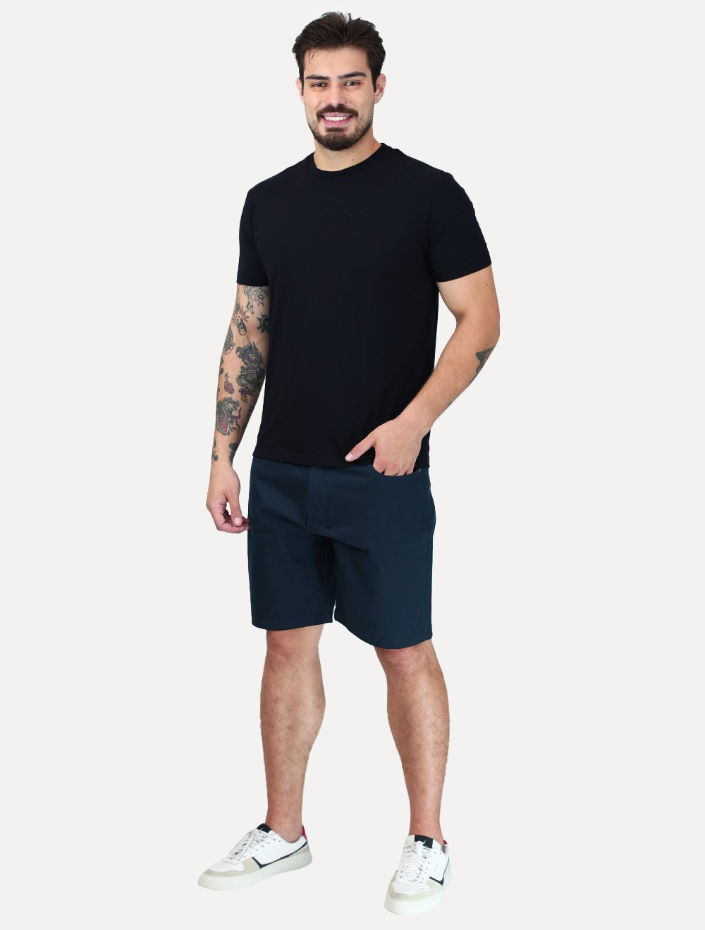 Bermuda King & Joe Masculina Slim Sarja 2X1 Five Pockets Azul Marinho