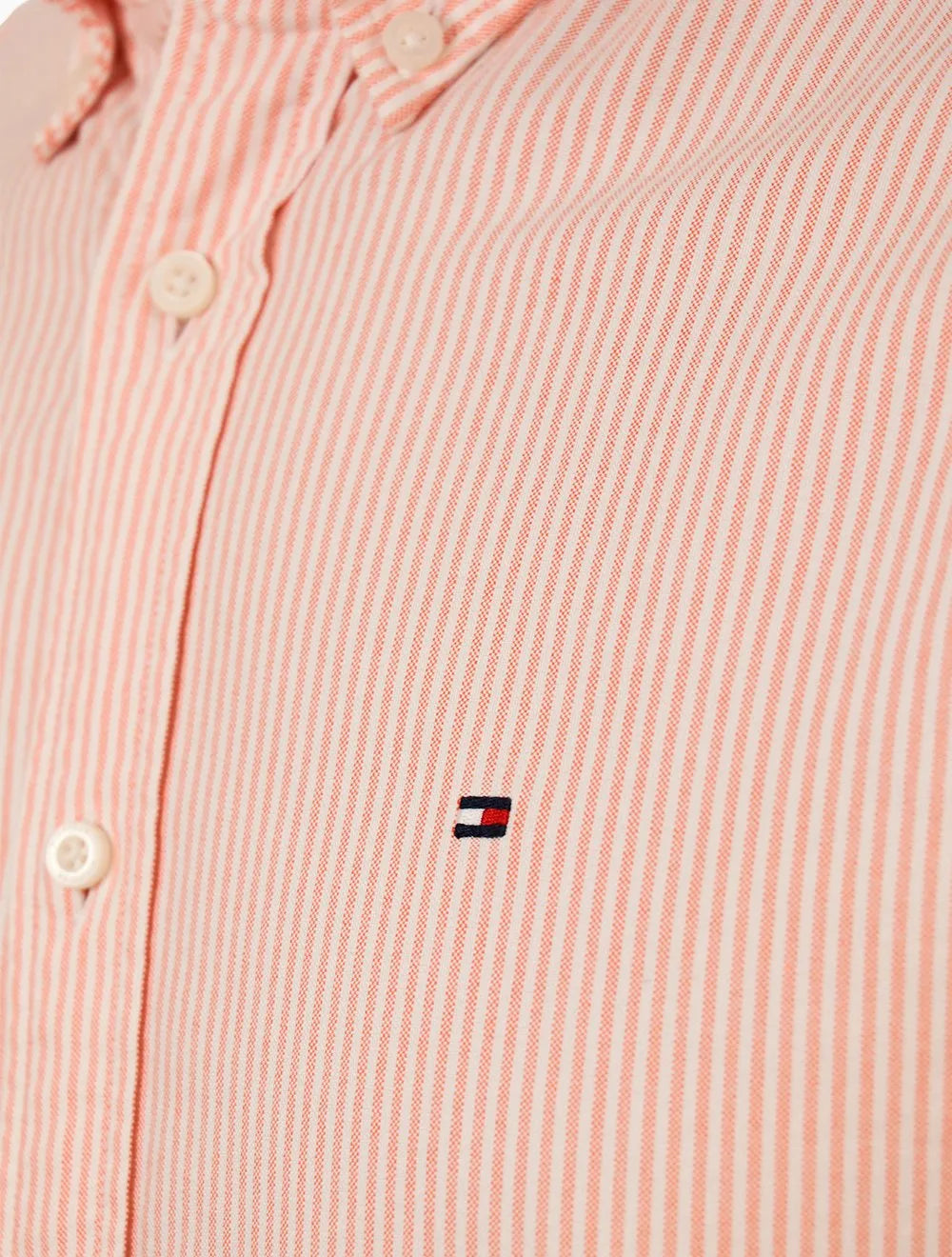 Camisa Tommy Hilfiger Masculina Manga Curta Regular Oxford Stripes Laranja Mescla