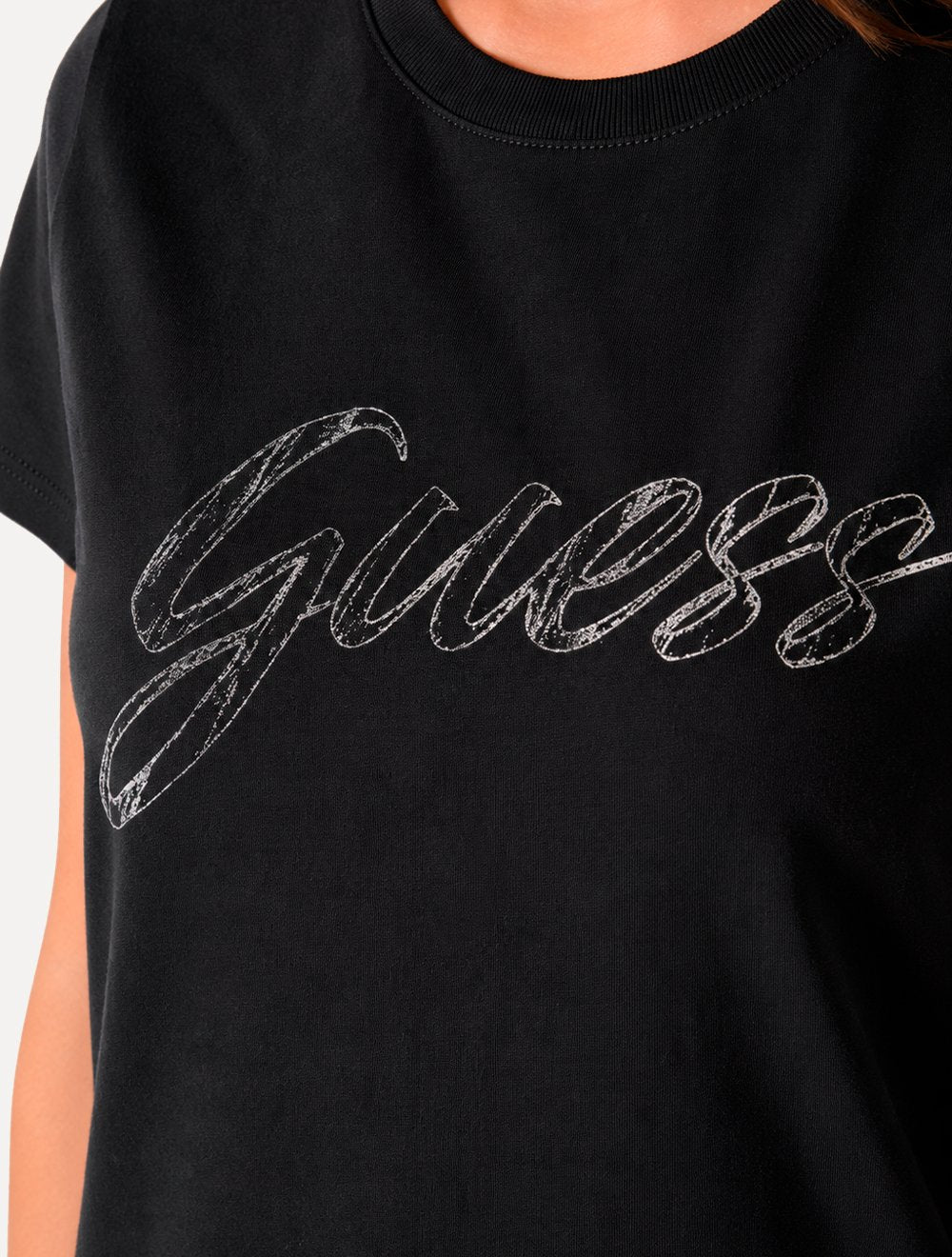 Camiseta Guess Feminina Signature Script Foil Logo Preta