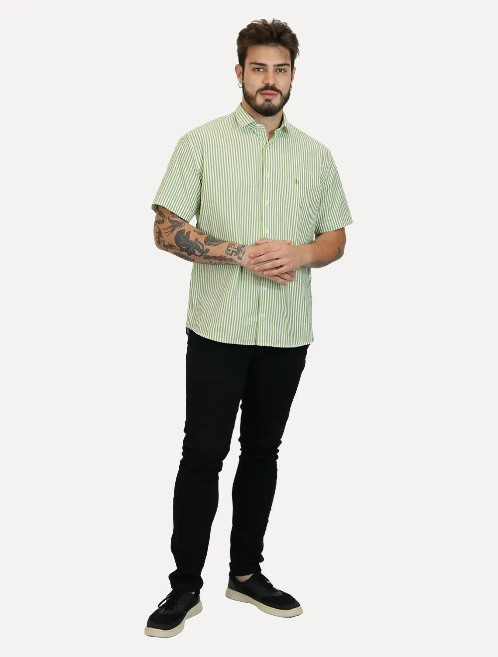 Camisa Dudalina Masculina Manga Curta Comfort Superfine Cotton Listrada Verde