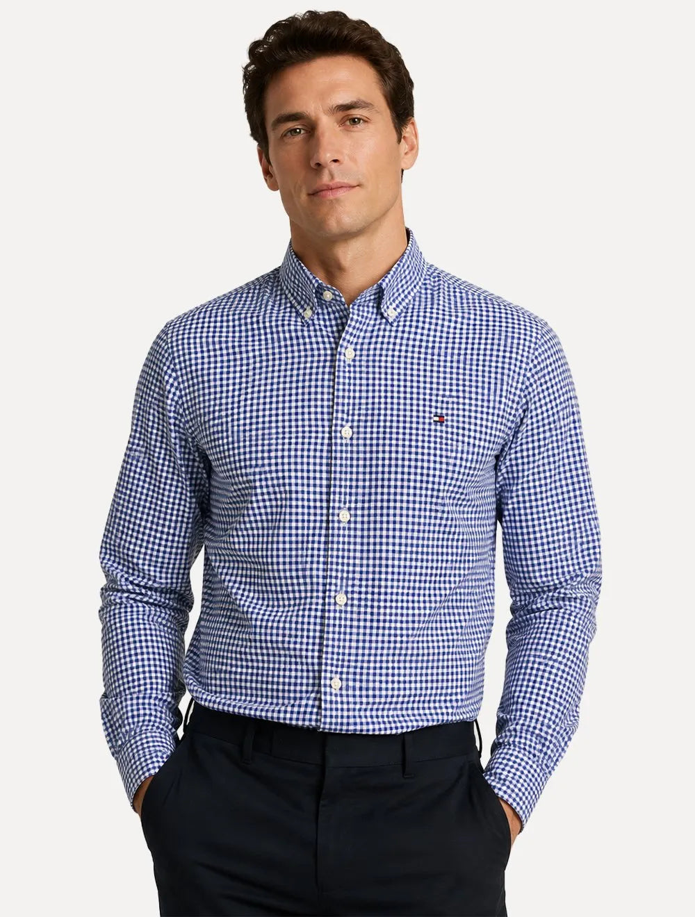 Camisa Tommy Hilfiger Masculina Oxford Regular Gingham Branca/Azul Marinho