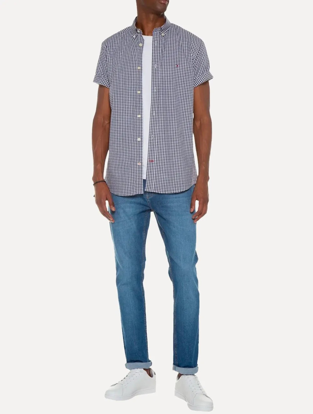 Camisa Tommy Hilfiger Masculina Manga Curta Xadrez Gingham Branca/Marinho