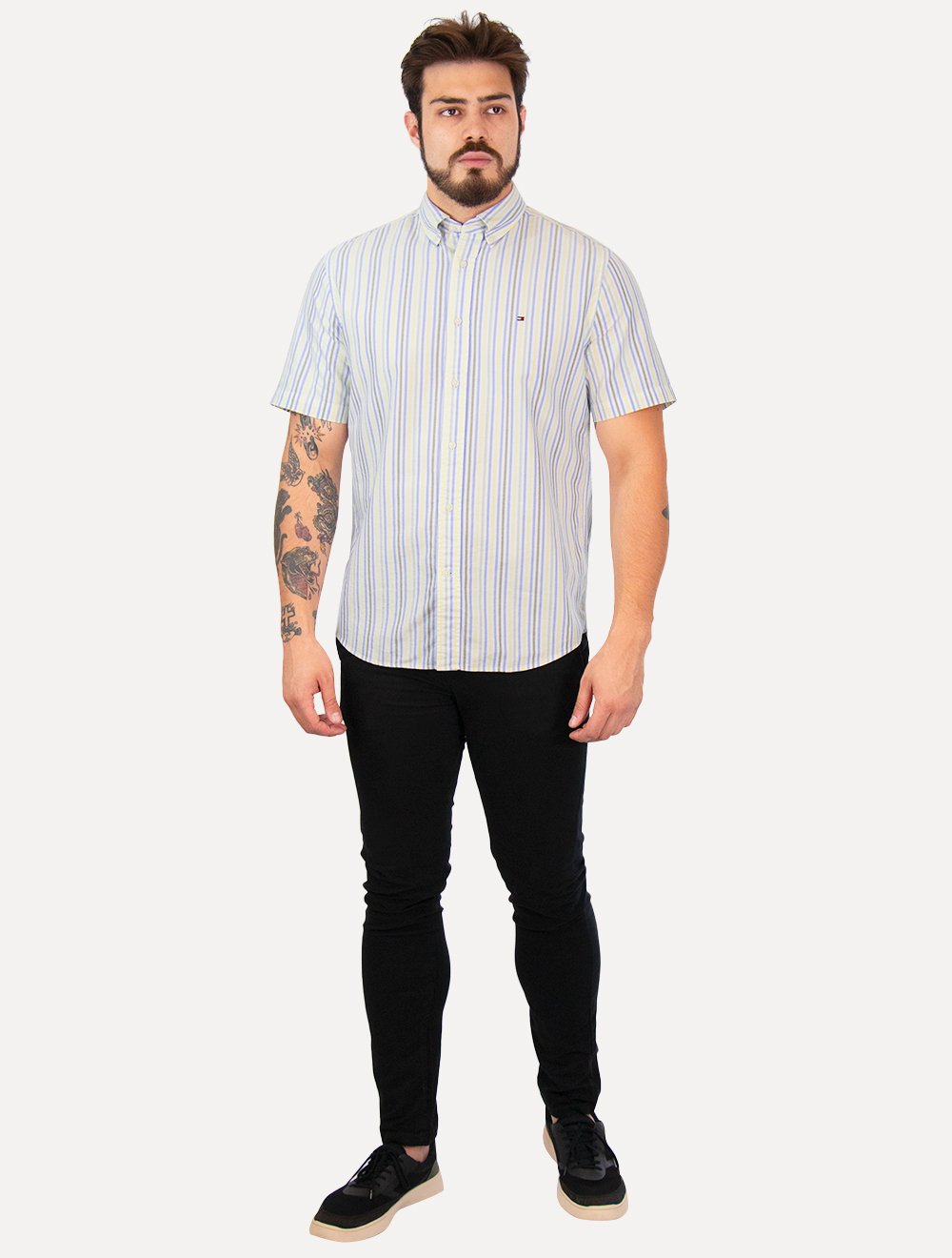 Camisa Tommy Hilfiger Masculina Manga Curta Regular Oxford Multi Stripes Amarela