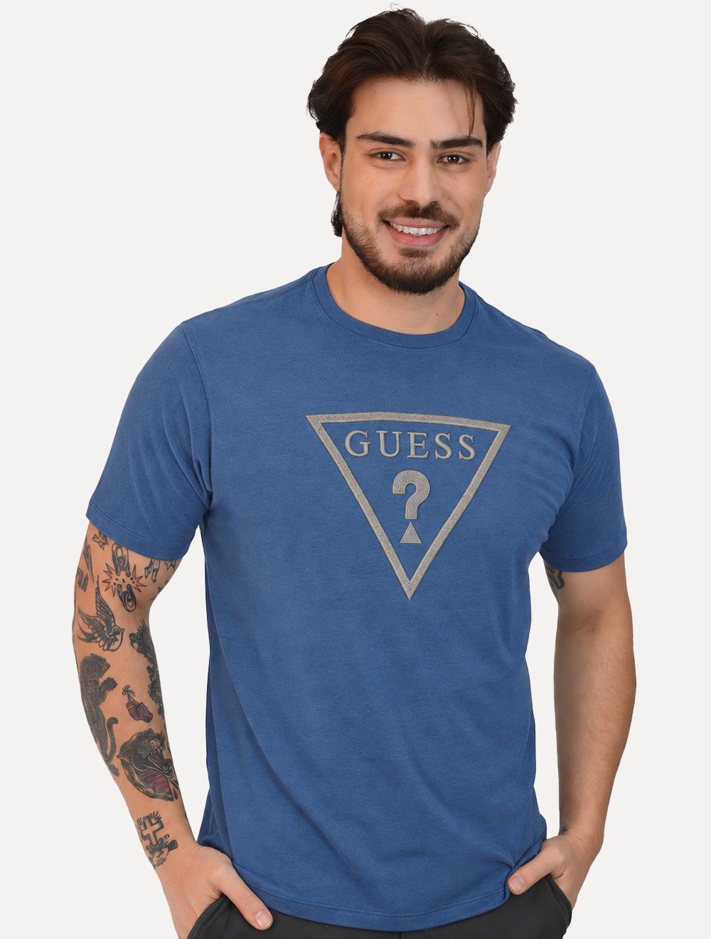 Camiseta Guess Masculina Classic Logo Embossed Azul Médio