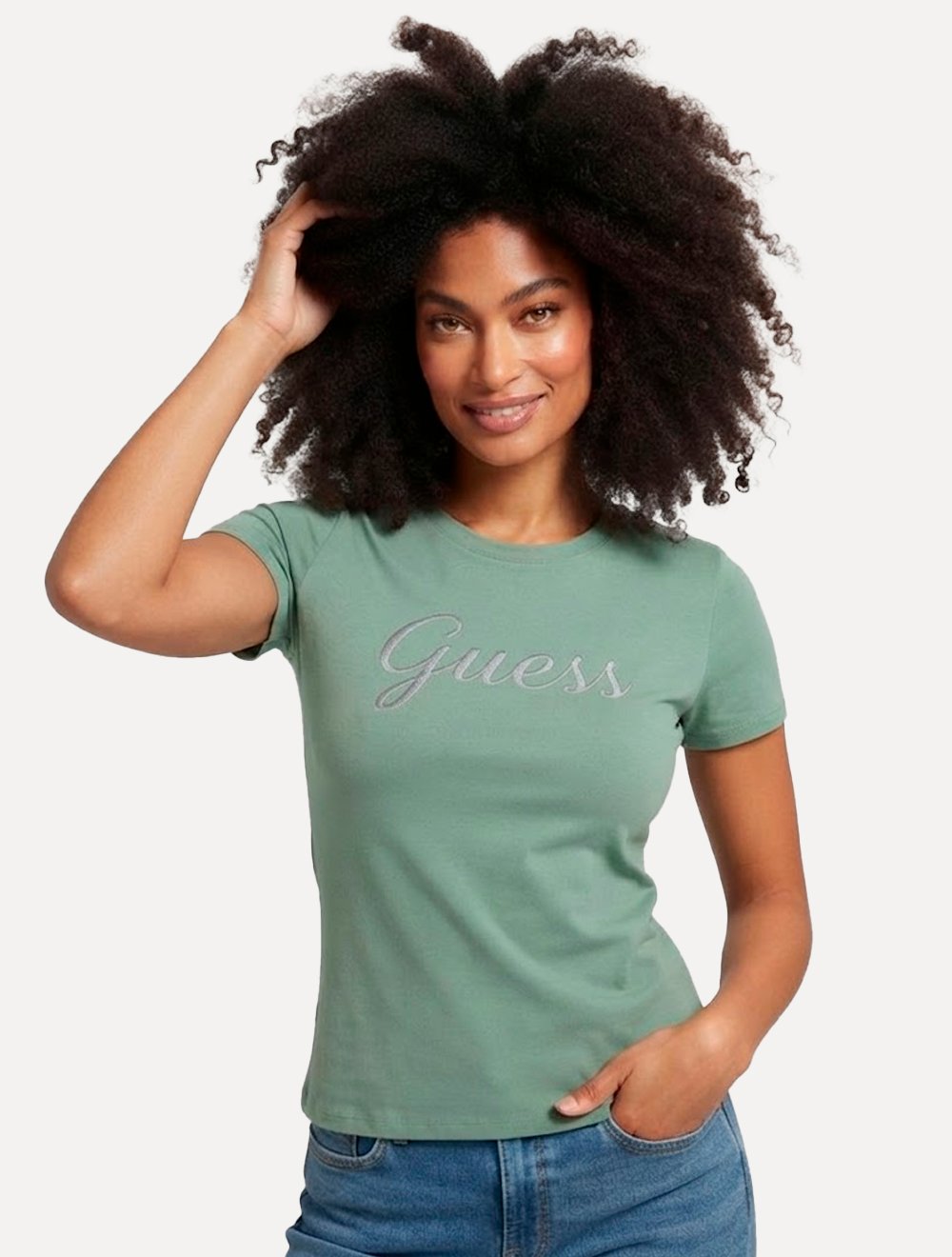 Camiseta Guess Feminina Signature Embroidery Logo Verde Claro