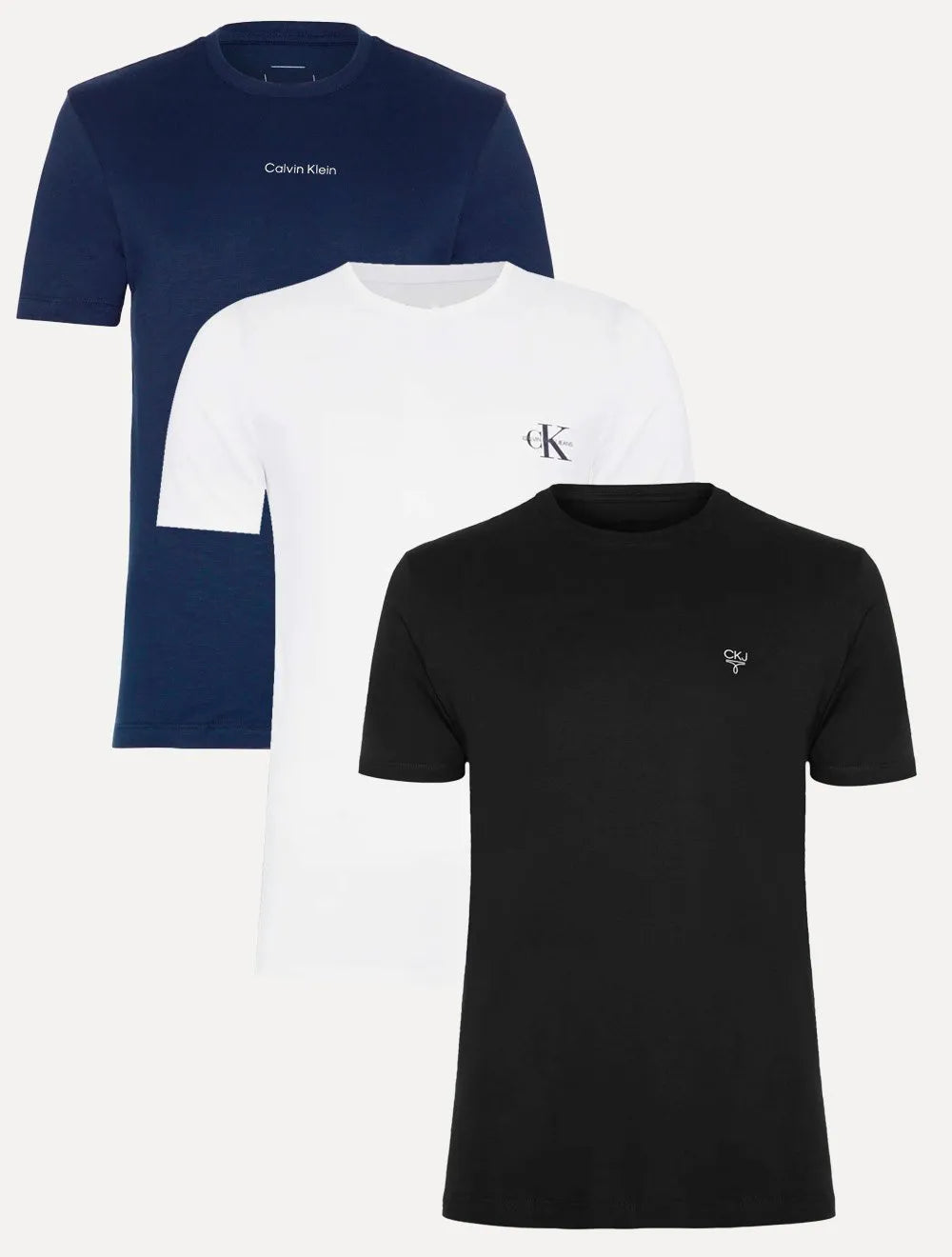 Kit Camisetas Calvin Klein | Masculina Re Issue/Omega/Flame Logo Branca/Preta/Azul