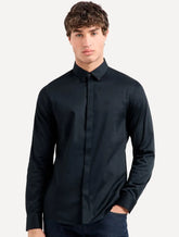 Camisa Armani Exchange Masculina Slim Fit Hidden Button Mono Logo Azul Marinho