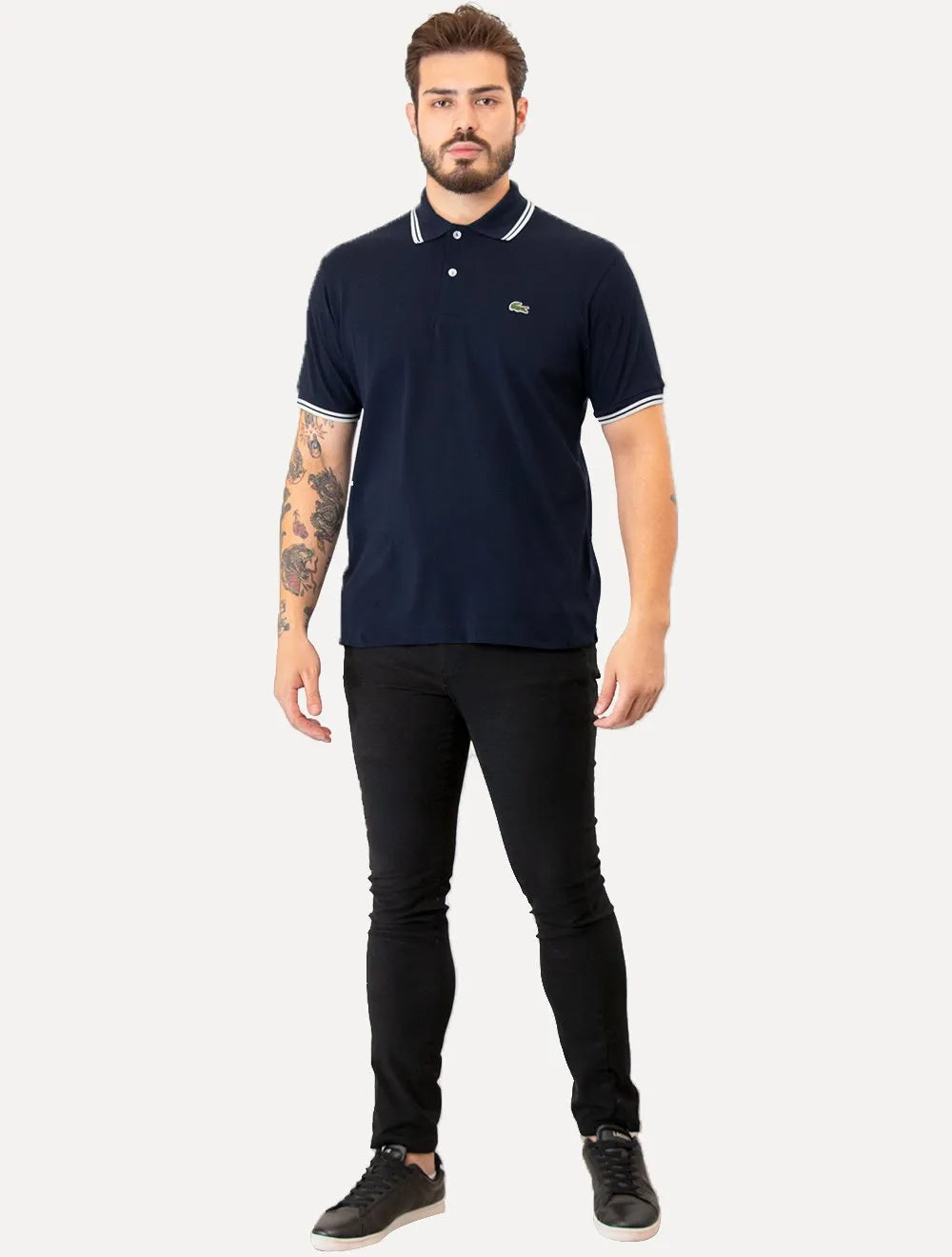 Polo Lacoste Masculina Classic Fit Piquet White Stripes Azul Marinho