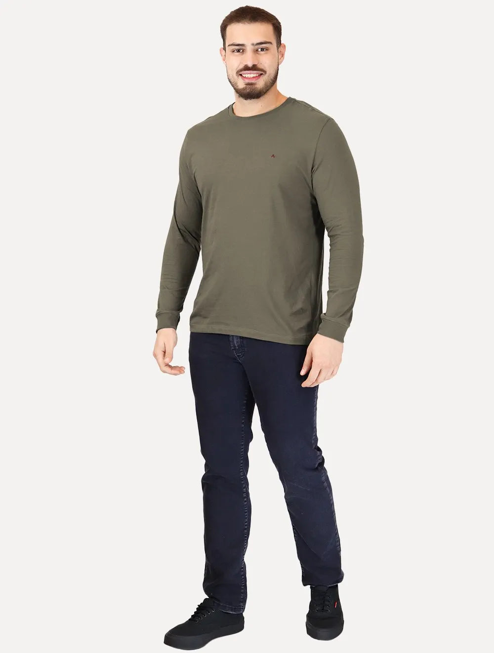 Camiseta Aramis Masculina Manga Longa Basica Logo Verde Militar