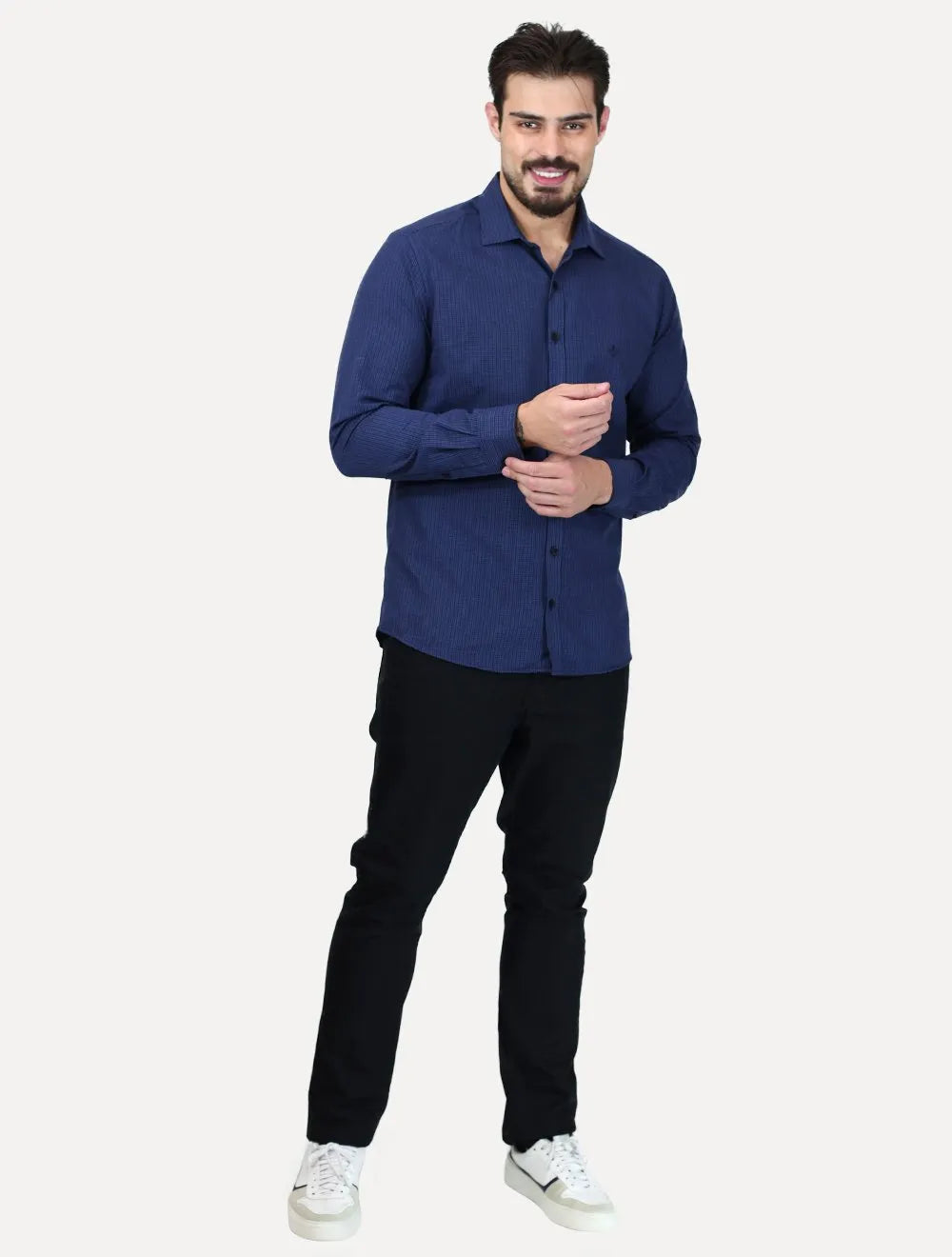 Camisa Dudalina Masculina Slim Superfine Cotton Xadrez Grid Azul Marinho